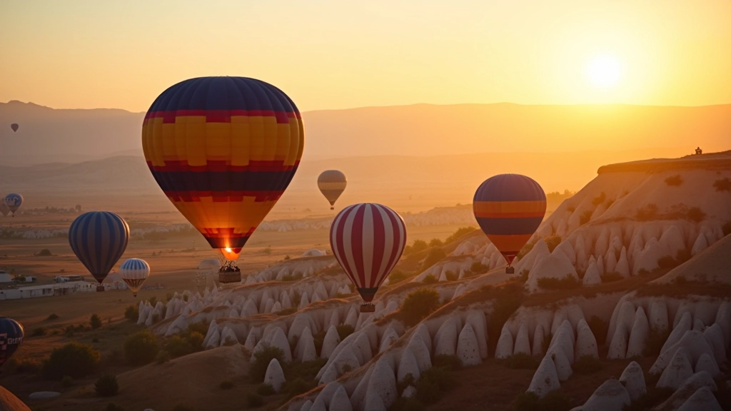 Multiple colorful hot air balloons floating peacefully over the distinctive rock formations and valleys of Cappadocia during sunrise