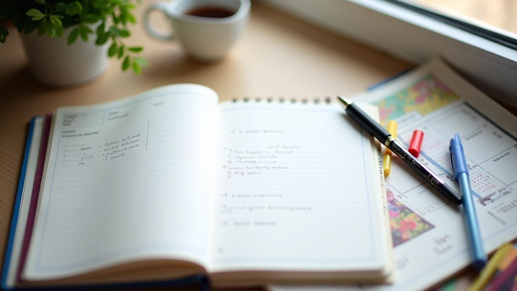 Travel planner notebook with pen and travel guides on wooden desk for weekend planning