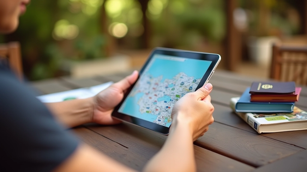 Person booking hot air balloon ride on tablet device, hands visible, outdoor travel planning setup